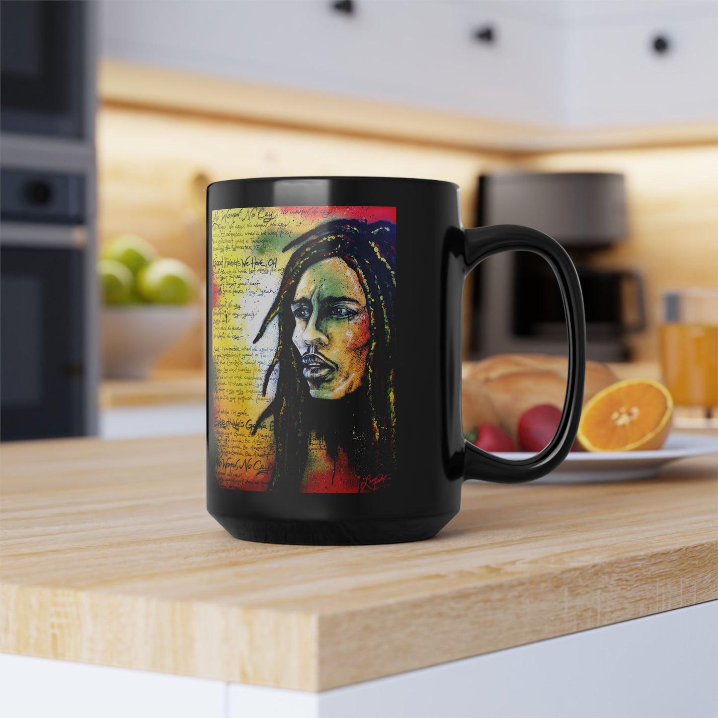 Marley Coffee Tea Mug, Reggae Painting, Jamaica Artistic Musical black cup 15oz