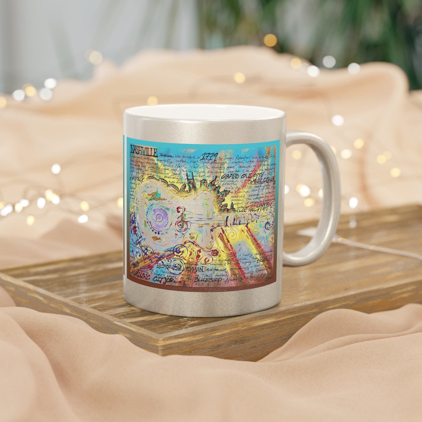 Colorful Nashville Guitar Metallic Mug - Silver - Perfect Gift for Music Lovers