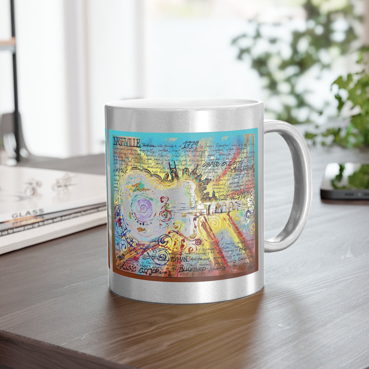 Colorful Nashville Guitar Metallic Mug - Silver - Perfect Gift for Music Lovers