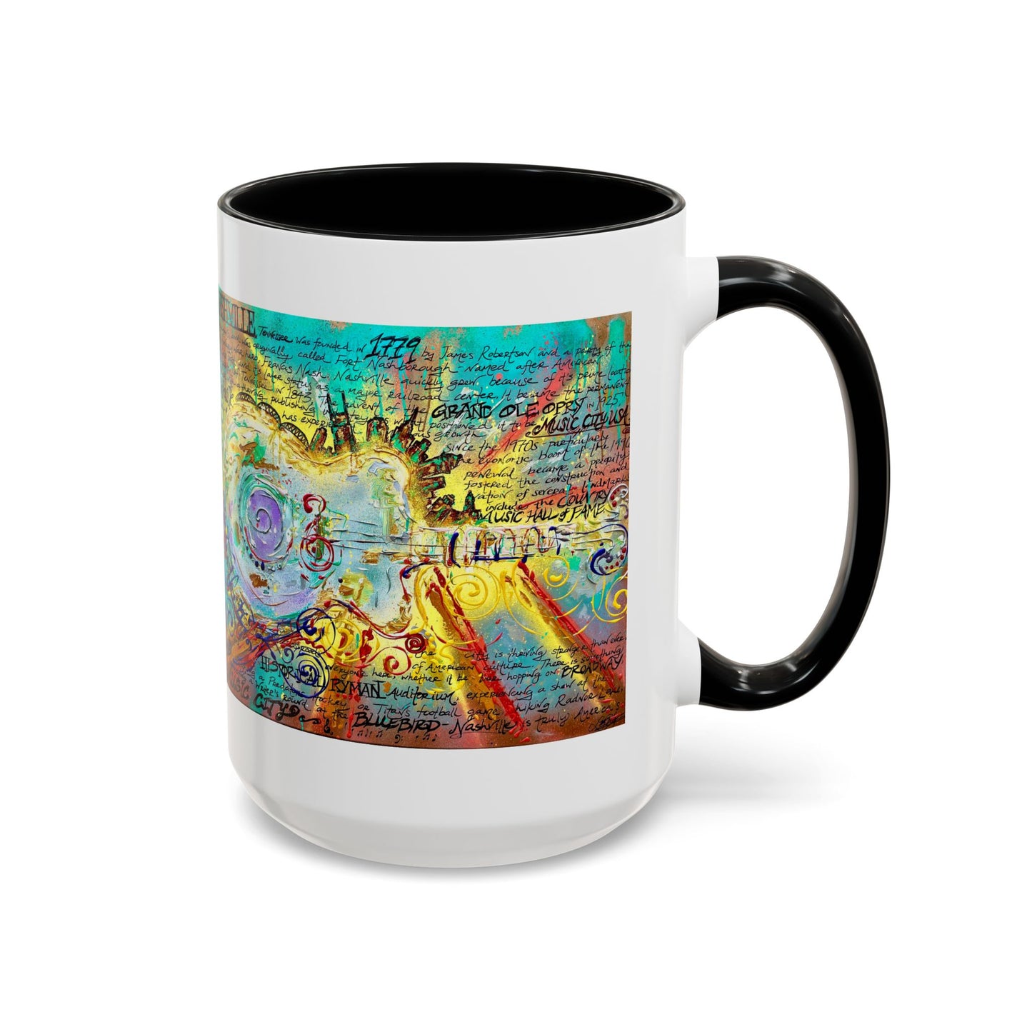 Nashville Music City Art Accent Coffee Mug – Colorful Songwriting Collage (11/15oz)