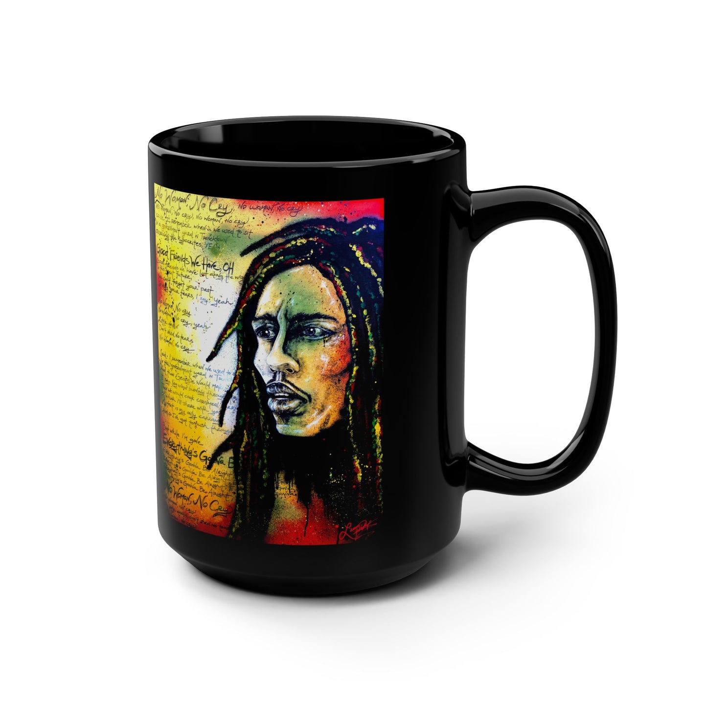 Marley Coffee Tea Mug, Reggae Painting, Jamaica Artistic Musical black cup 15oz