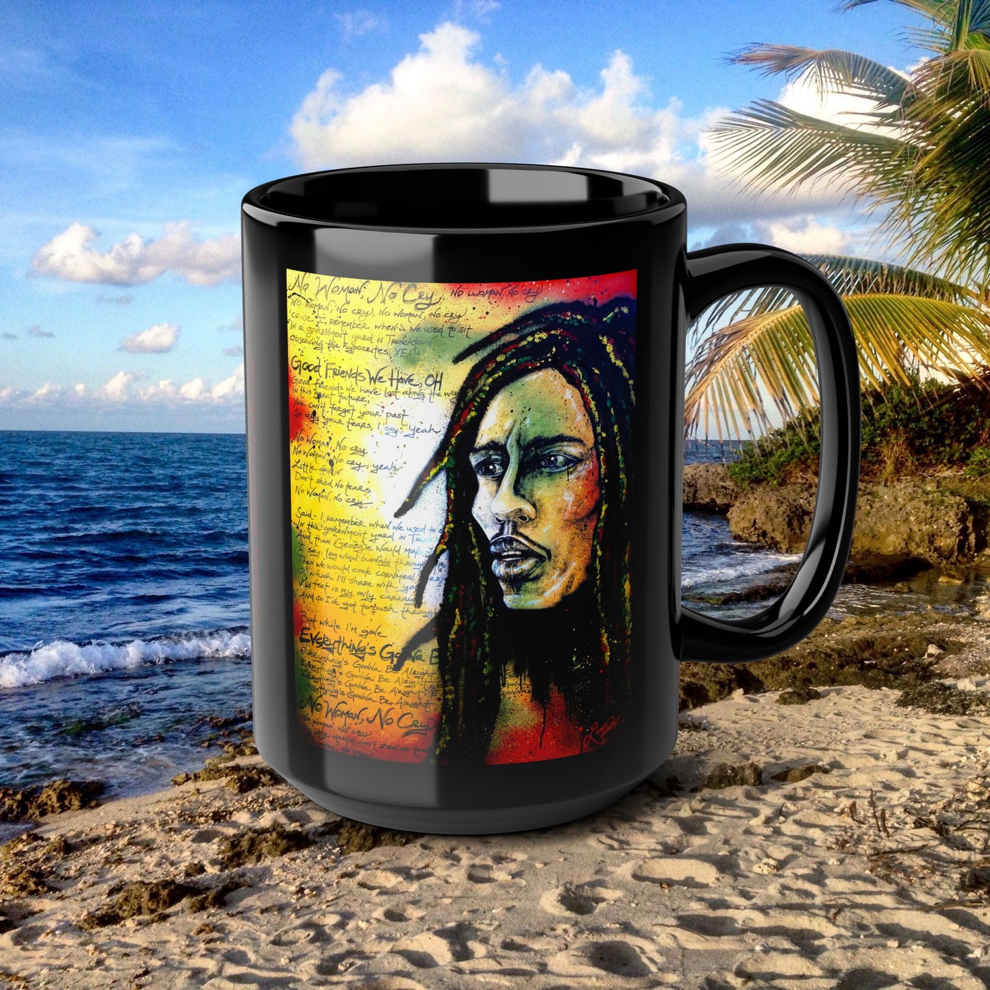 Marley Coffee Tea Mug, Reggae Painting, Jamaica Artistic Musical black cup 15oz