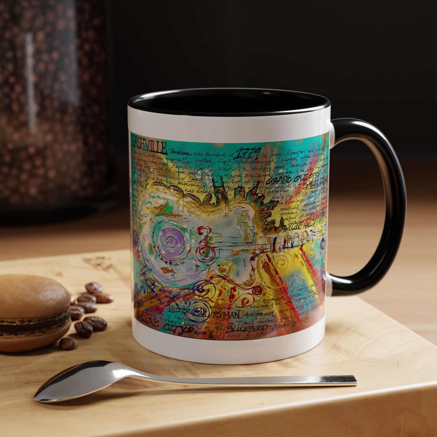 Nashville Music City Art Accent Coffee Mug – Colorful Songwriting Collage (11/15oz)