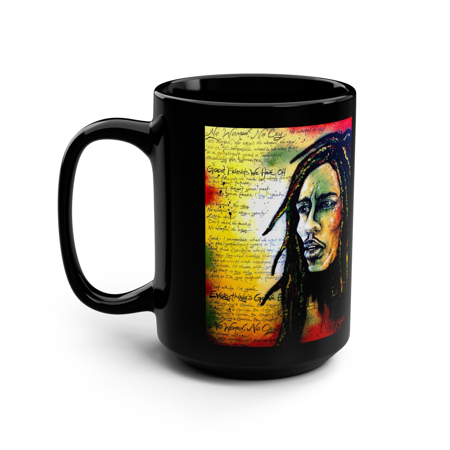 Marley Coffee Tea Mug, Reggae Painting, Jamaica Artistic Musical black cup 15oz