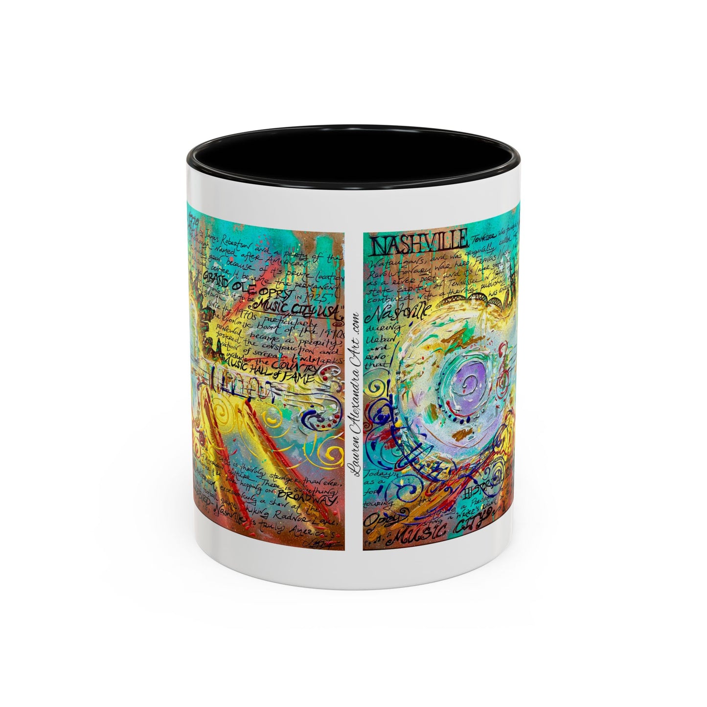 Nashville Music City Art Accent Coffee Mug – Colorful Songwriting Collage (11/15oz)