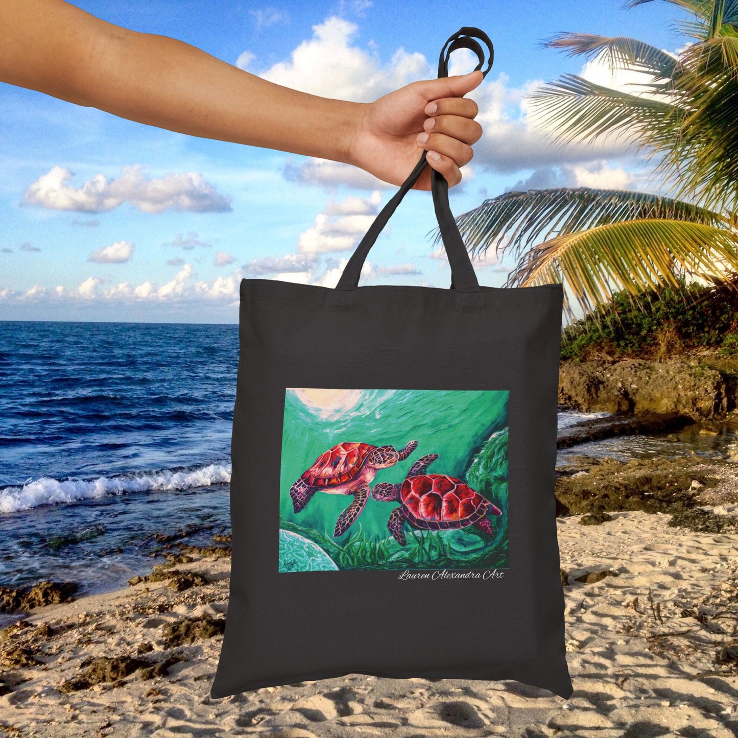 Sea Turtles Cotton Canvas Tote Bag - Beach Travel Accessories - Artistic Design