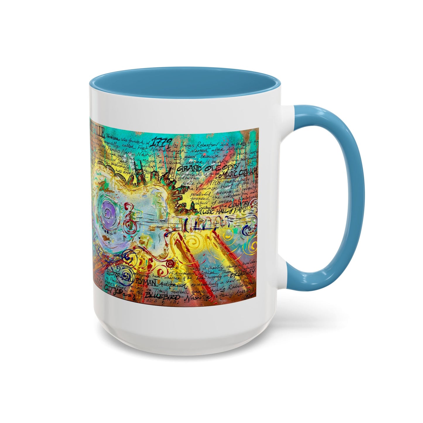 Nashville Music City Art Accent Coffee Mug – Colorful Songwriting Collage (11/15oz)