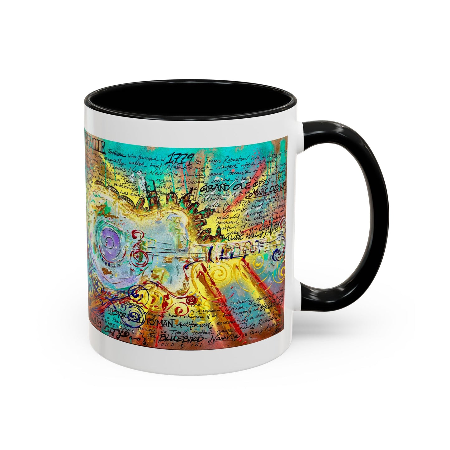 Nashville Music City Art Accent Coffee Mug – Colorful Songwriting Collage (11/15oz)
